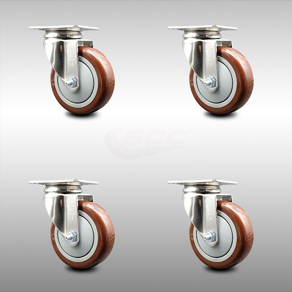 4 Inch 316SS Maroon Polyurethane Wheel Swivel Top Plate Caster Set SCC